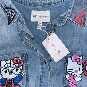 Denim Button Down Shirt with Hand Painted Hello Kitty/Spiderman